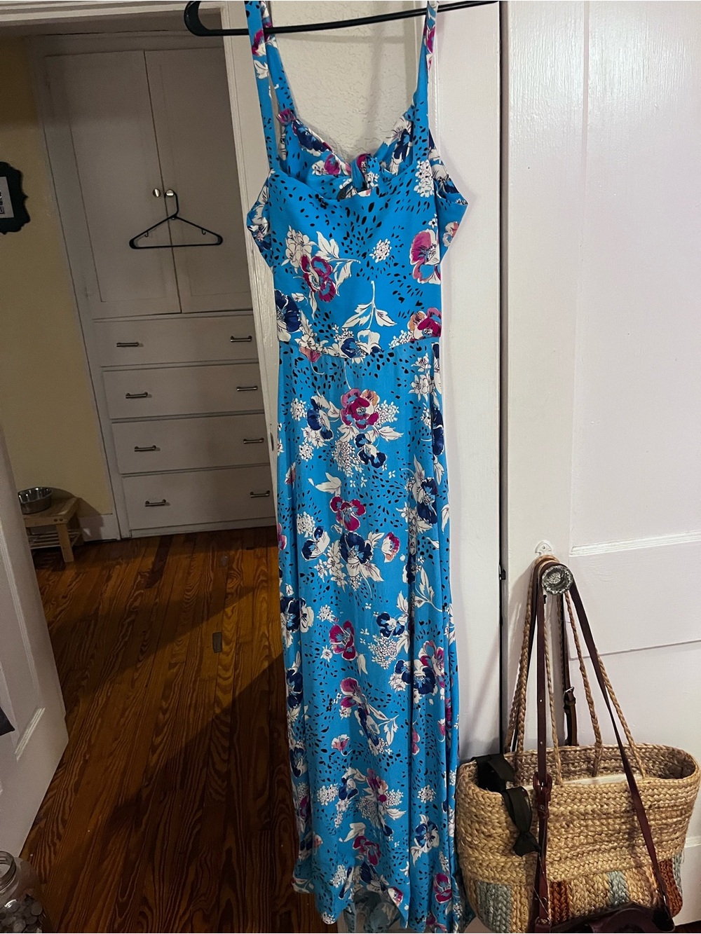 Zara Bright Blue Floral Maxi Dress with Pink & White Accents